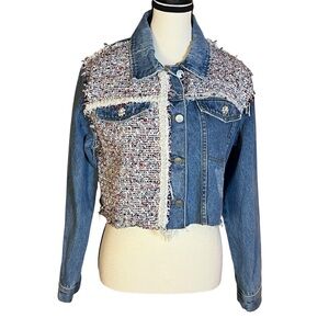 Lea & Viola Tweed Denim Jean Jacket Cropped Mixed Media Women's Size Medium